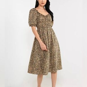 GAP Black and Tan Floral Puff-Sleeve Midi Dress